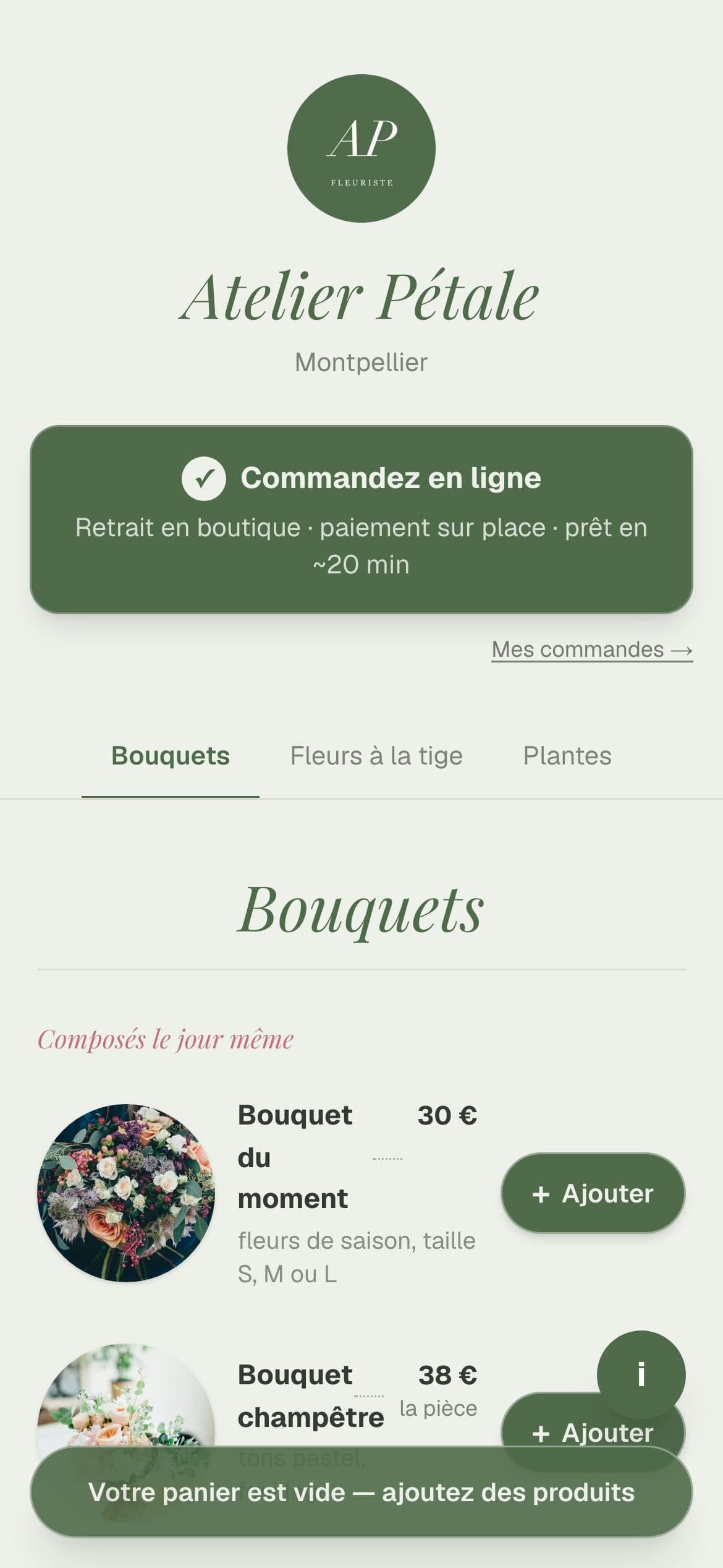 La page publique de votre boutique de fleurs, sur téléphone