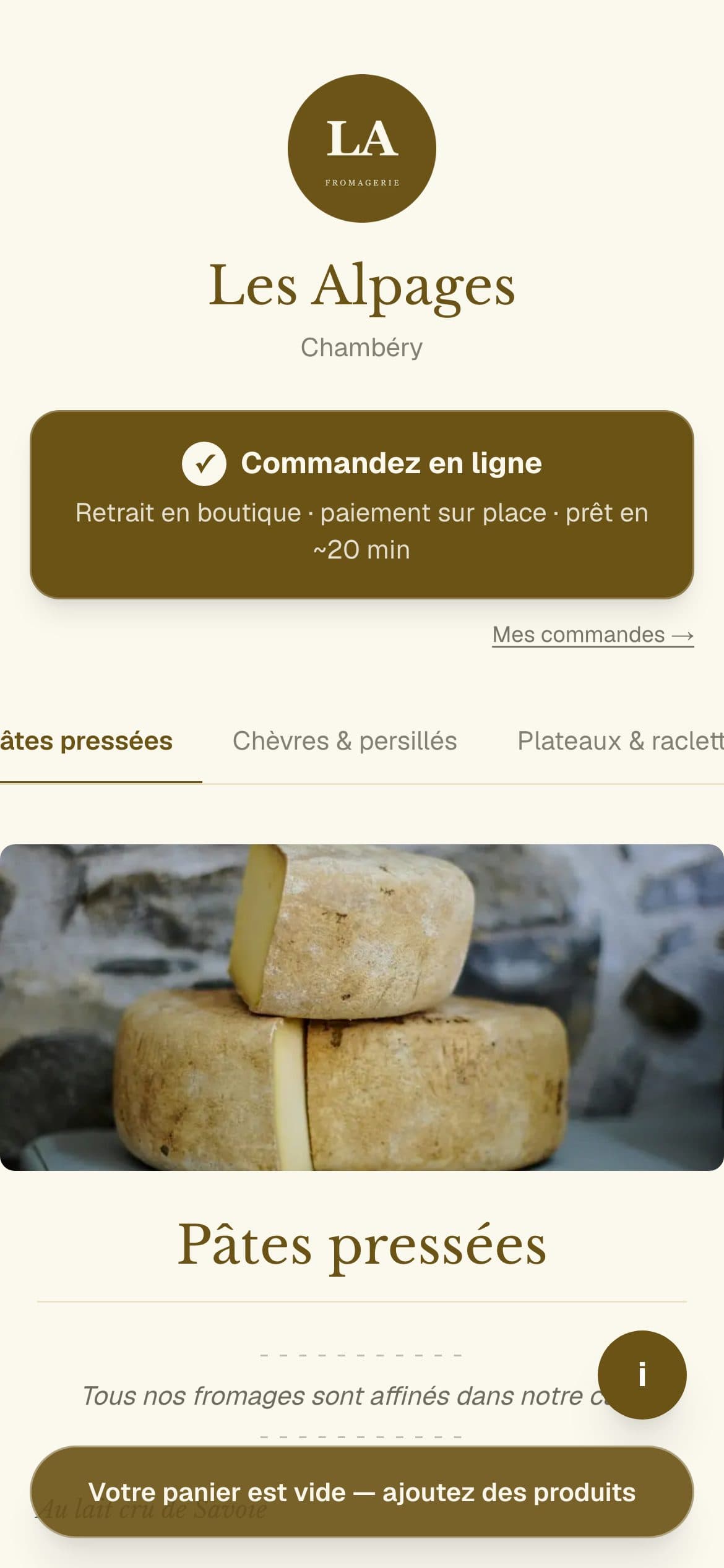 La page publique de votre fromagerie, sur téléphone