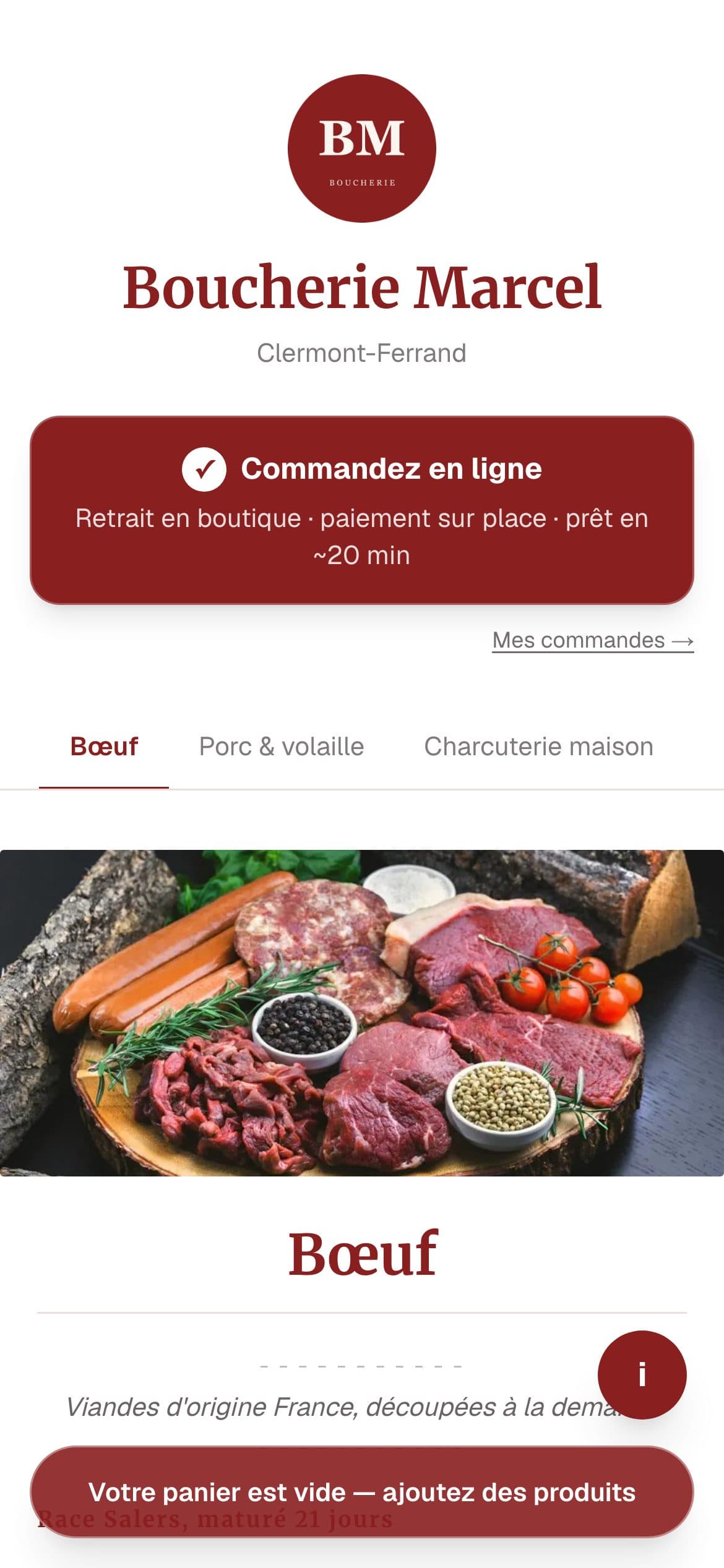 La page publique de votre boucherie, sur téléphone