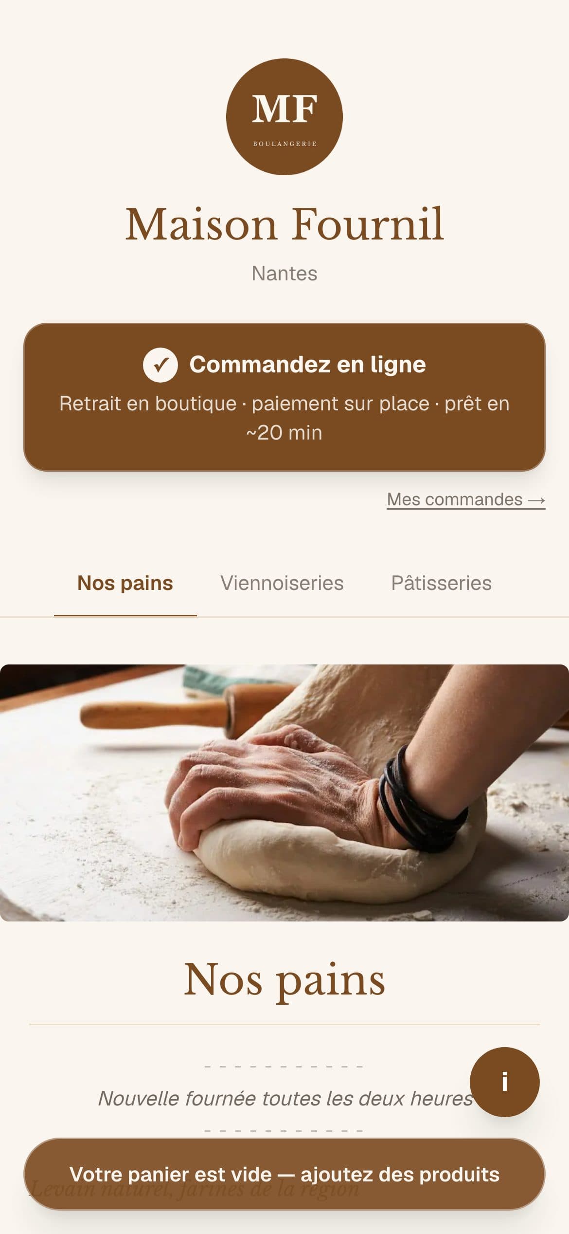 La page publique de votre boulangerie, sur téléphone