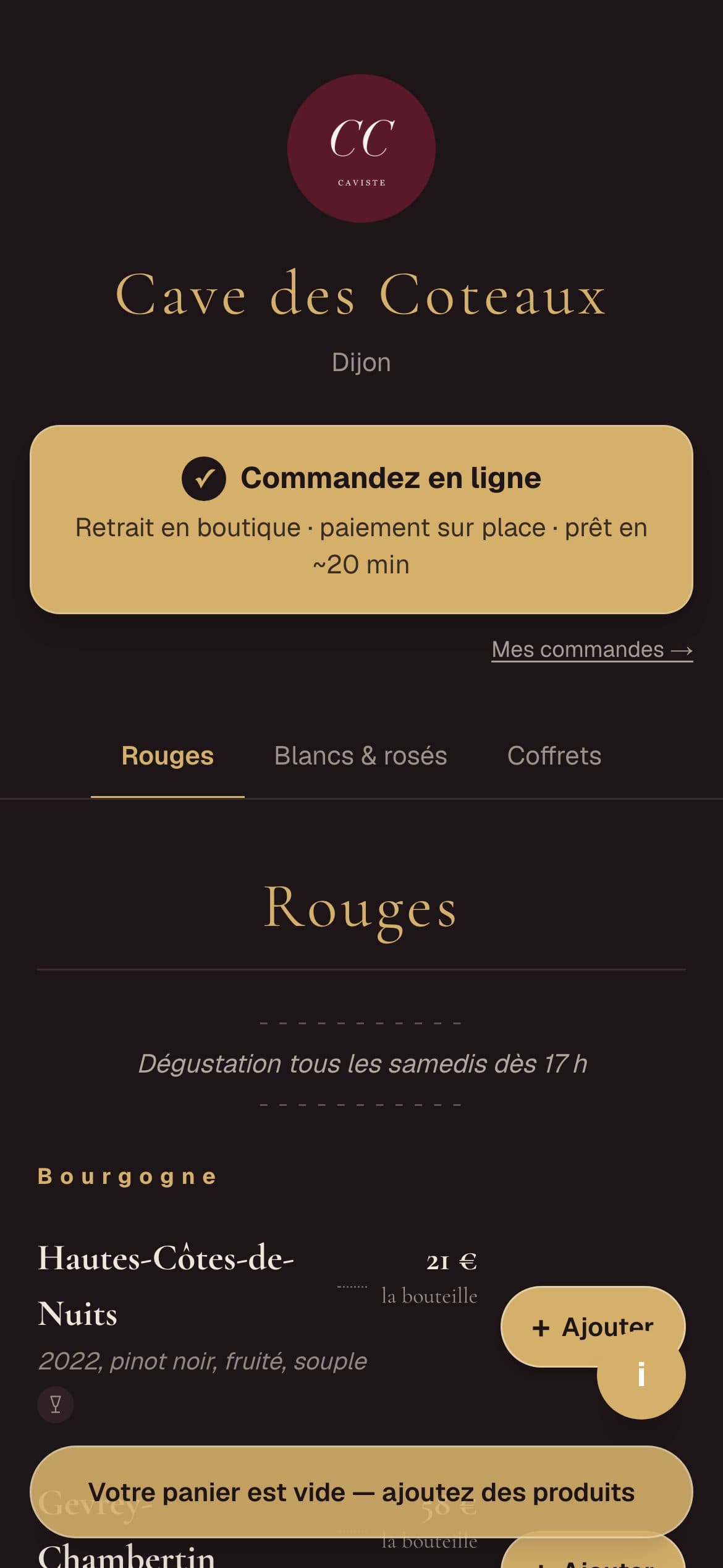 La page publique de votre cave, sur téléphone
