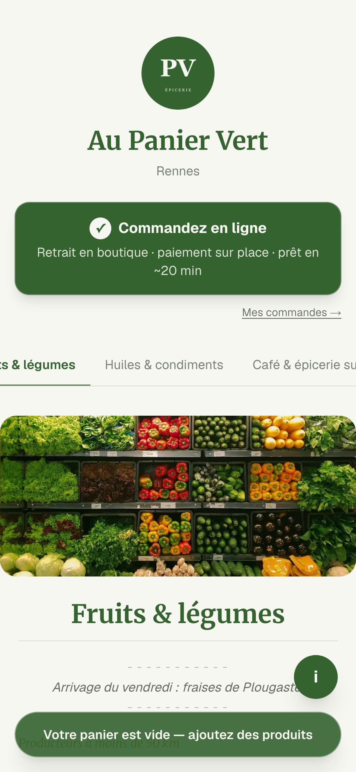 La page publique de votre épicerie, sur téléphone