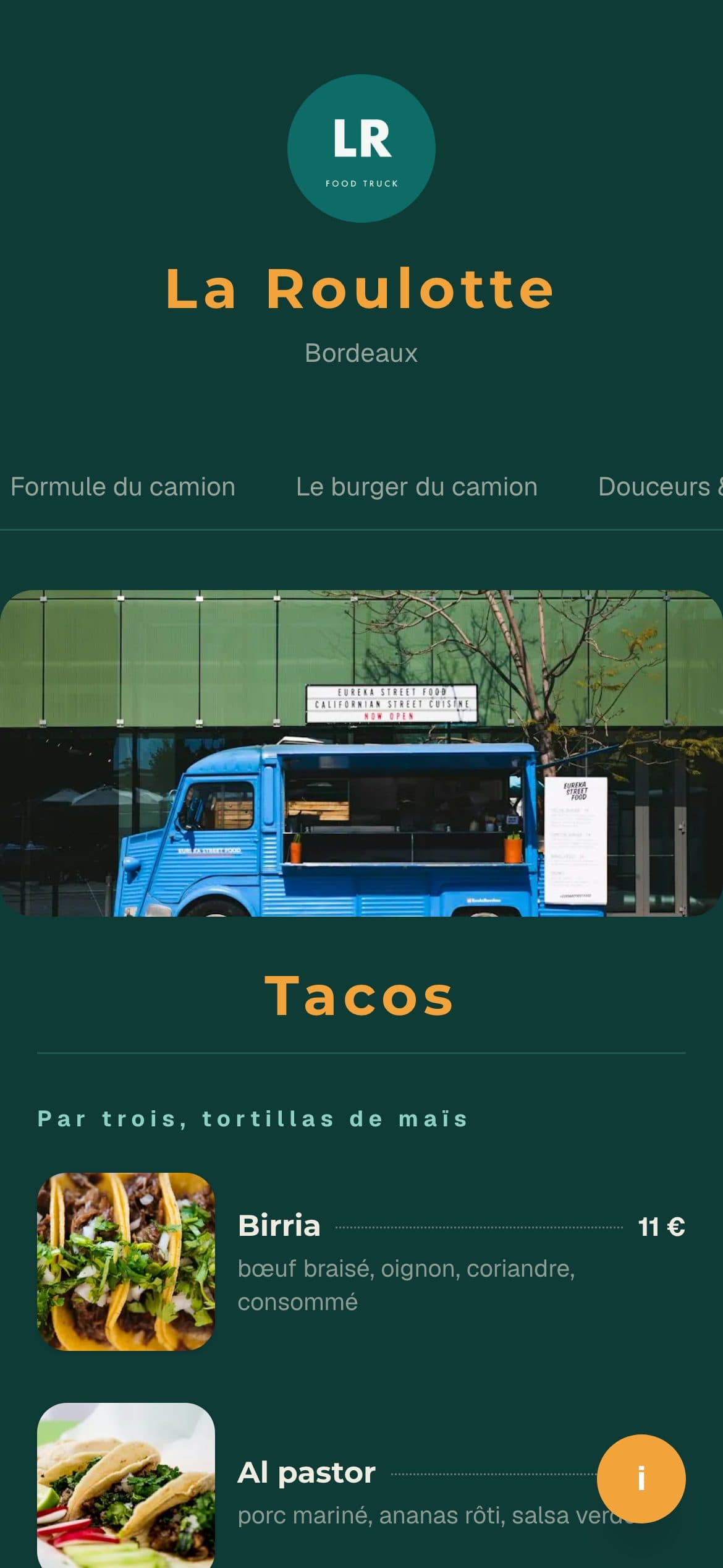 La page publique de votre food truck, sur téléphone