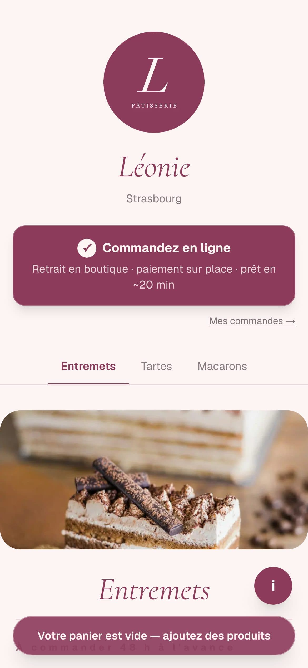 La page publique de votre pâtisserie, sur téléphone