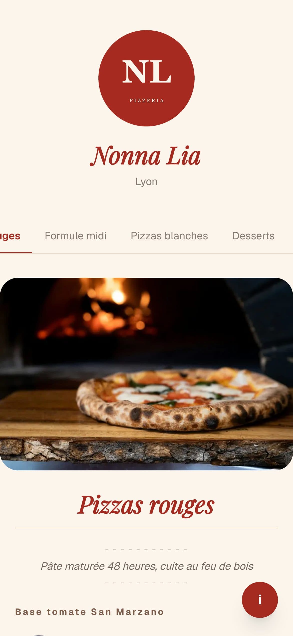 La page publique de votre pizzeria, sur téléphone