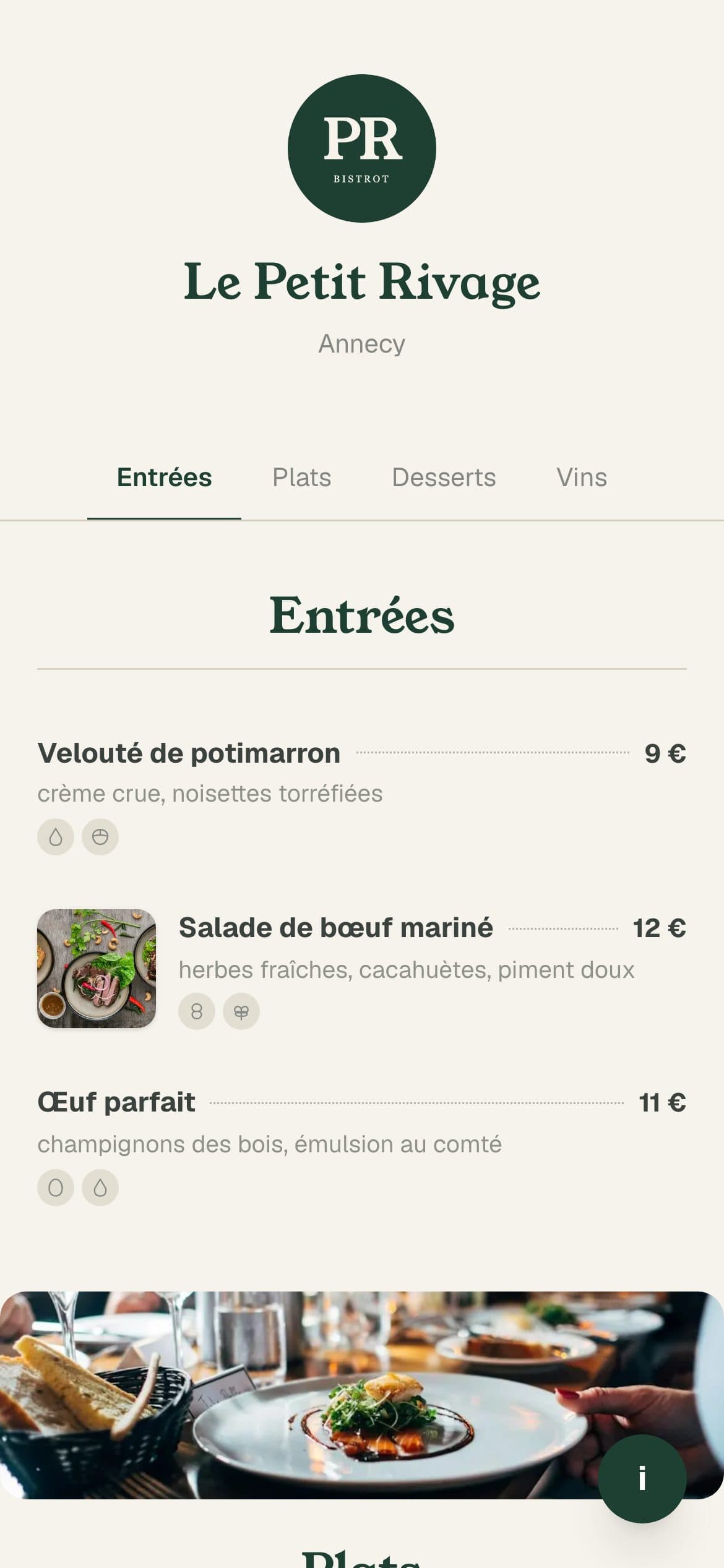 La page publique de votre restaurant, sur téléphone