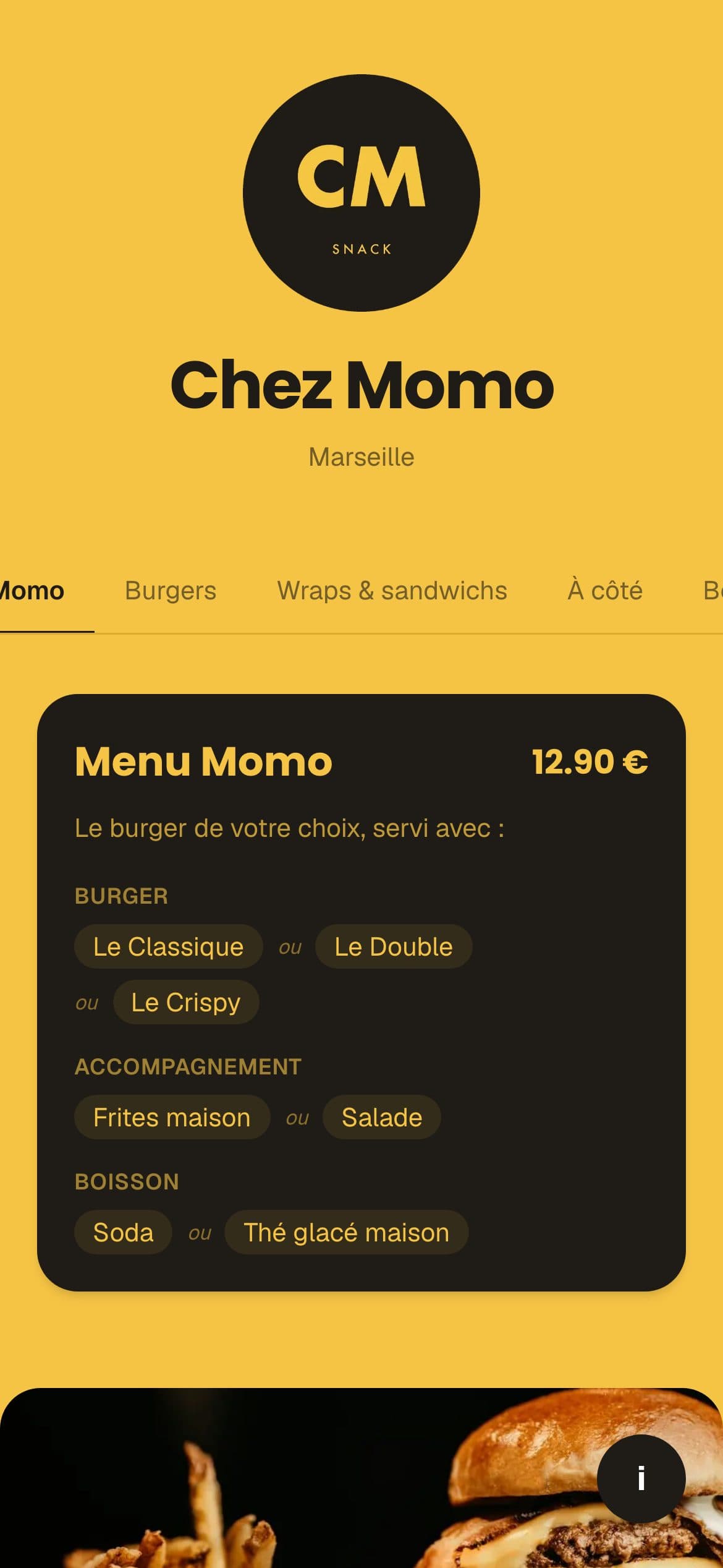 La page publique de votre snack, sur téléphone
