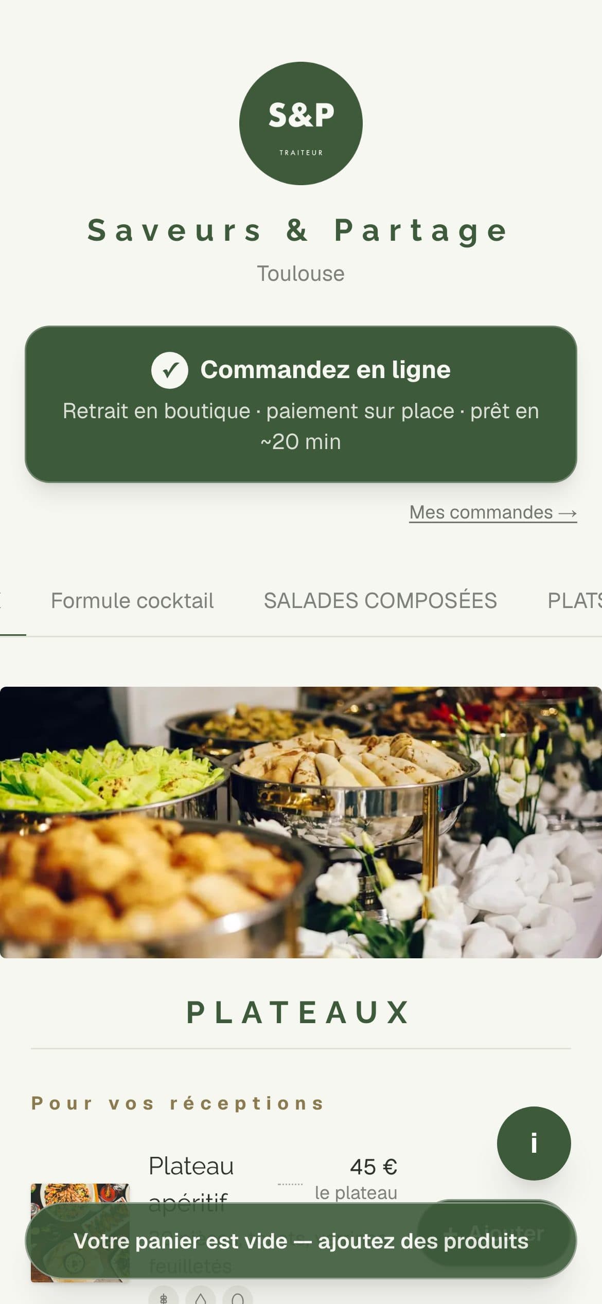 La page publique de votre activité de traiteur, sur téléphone